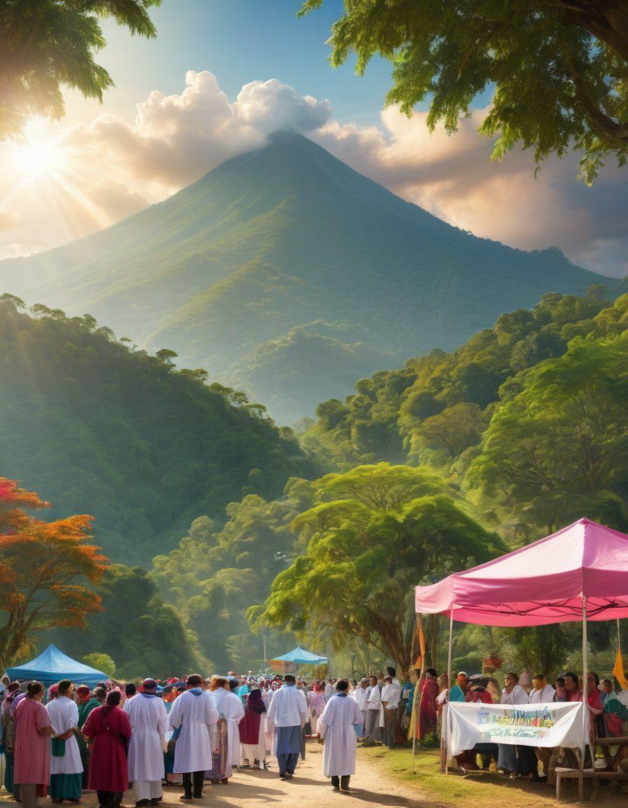 A serene landscape of Guatemala showcasing vibrant green mountains with a community gathering in the foreground discussing cancer care. Include colorful banners about awareness and prevention, complemented by medical professionals in white coats engaging with locals. Sunlight filtering through the trees creates a hopeful atmosphere, reflecting themes of support and healing. warm colors. natural setting. super-realistic.