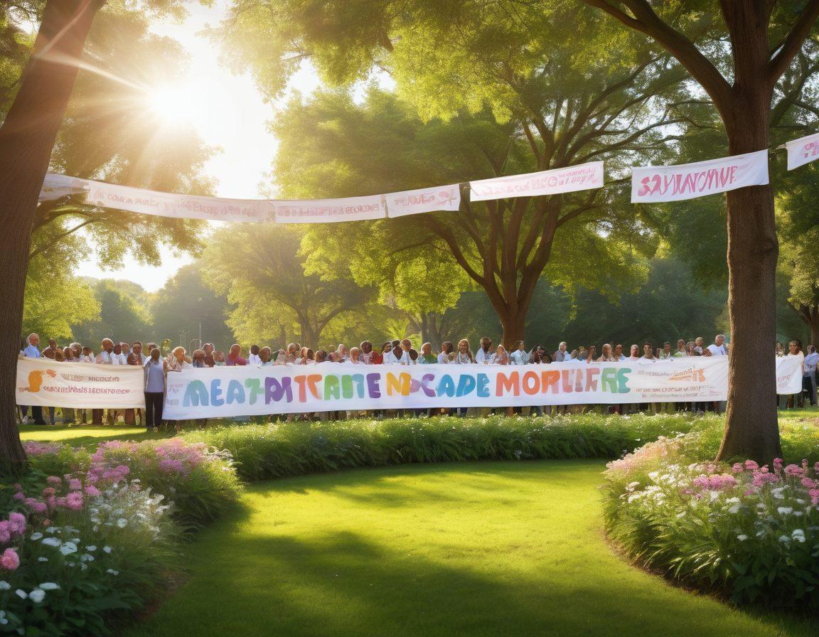 A supportive gathering of diverse cancer survivors in a serene park, sharing stories and laughter, with sunlight filtering through lush greenery. In the background, banners showcasing advocacy information and research breakthroughs. Include symbols of hope like butterflies or ribbons. super-realistic. vibrant colors. peaceful atmosphere.