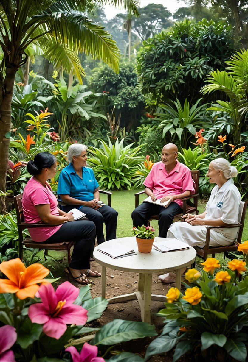 A hopeful scene showcasing a diverse group of cancer patients in a serene garden setting in Guatemala, engaging in a supportive group discussion. Include a lush tropical backdrop with vibrant flowers and plants, symbolizing growth and healing. Integrate elements of oncology, such as informative leaflets and support group symbols, highlighting community and empowerment. The warmth of the sun should cast a gentle glow on the participants, enhancing the atmosphere of hope and resilience. super-realistic. vibrant colors. uplifting tone.
